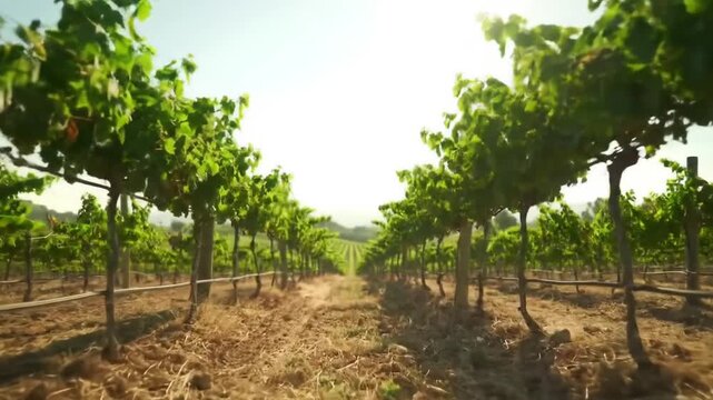 Vineyard rows with green grapevines growing.