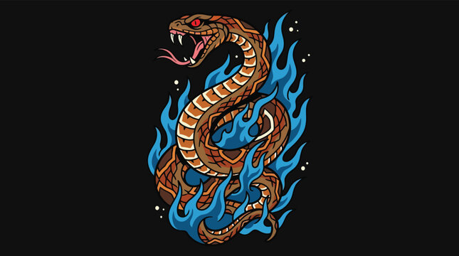 Fierce Coiled Snake with Blue Flames Fire Vector Illustration