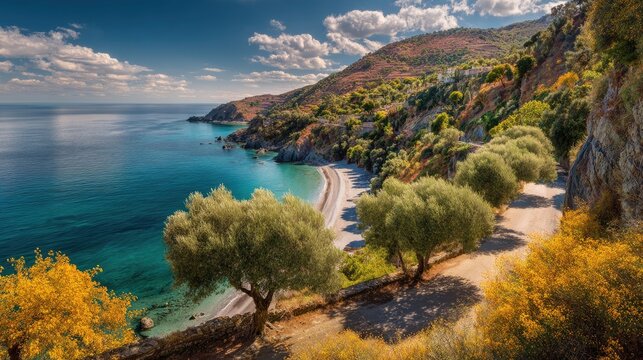 Mediterranean coast Landscape with curving mediterranean shoreline fig trees early autumn warmth