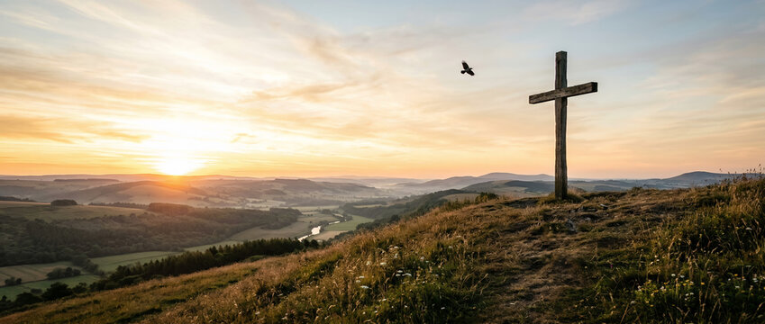Good Friday Wooden Cross on a Hill at Sunrise with Valley Below