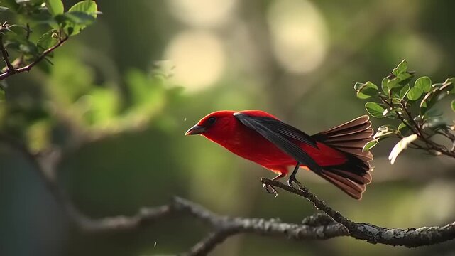 A scarlet tanager with bright red plumage landing on a tree branch in a lush forest