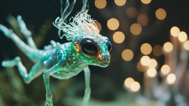 A glowing, translucent bioluminescent creature with feathery hair floats in a dark, magical underwater environment