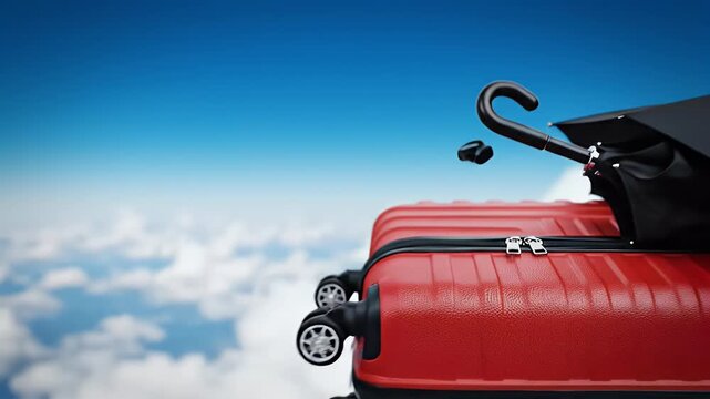 Red ribbed suitcase with open zipper against a bright blue sky