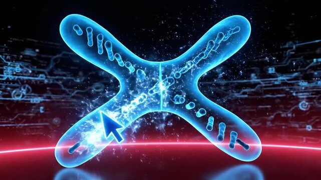 A glowing blue chromosome with a cursor on a neon-lit, futuristic background