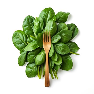 Organic Spinach Leaves with Wooden Fork on White Background &ndash; Plant Based Vegan Diet Concept