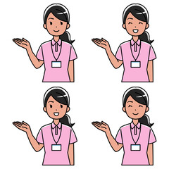 右手で案内するポロシャツの外国人女性のイラスト