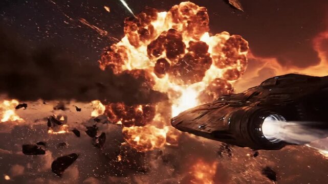 Cinematic slow-motion footage of a futuristic spacecraft soaring through the fiery atmosphere of a distant alien planet, dodging debris during a high-speed flight across the burning red sky.
