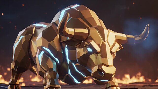 Stylized golden bull with glowing blue accents and fiery background