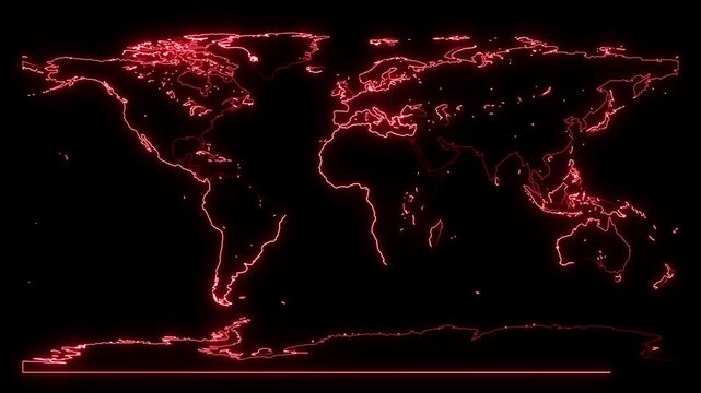Glowing neon line world map animation on black background. Neon globe world map.
