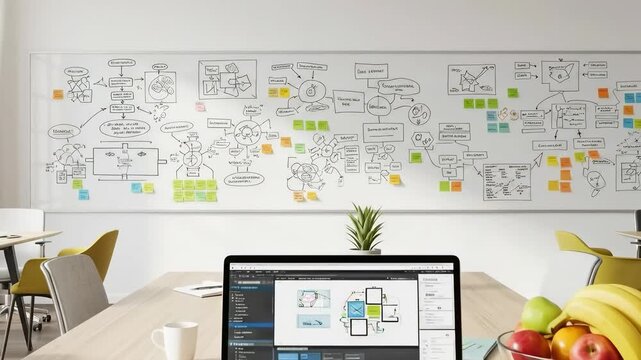Agile Software Development Planning Session with Whiteboard Flowcharts and Laptop