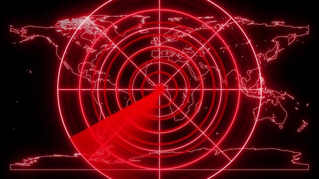 Digital technology radar screen animated. Glowing neon Red color radar screen on black background. Radar point dictated to the enemy position. HUD call radar screen.