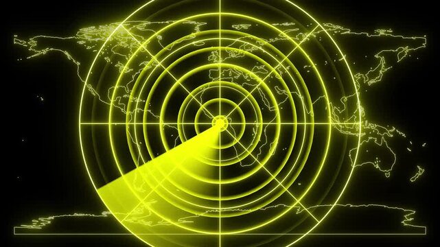 Digital technology radar screen animated. Glowing neon Yellow color radar screen on black background. Radar point dictated to the enemy position. HUD call radar screen.