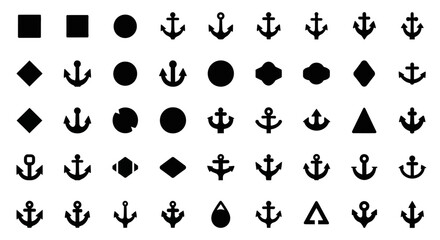 Black anchor icons, nautical symbols, vector graphics set, 40 shapes © Steven