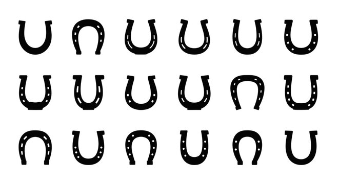 Black horseshoes, metal horseshoe icons, 20 horse shoe symbols, iron hoof marks