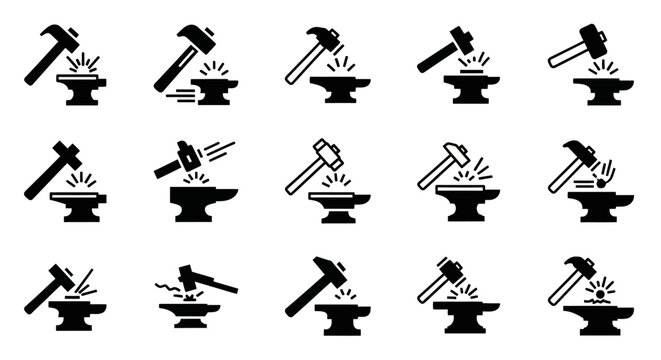 Blacksmith icons, hammer and anvil symbols, metalwork illustrations, 20 black vector graphics