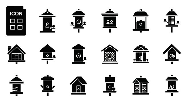 Birdhouse icons, bird feeder symbols, black and white illustration set, 16 graphics