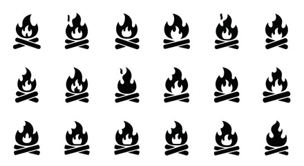 Fototapeta premium A grid of black campfire icons on a white background viewed from directly above