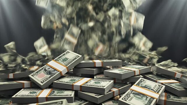 Stacks of US currency falling from above onto a pile of cash