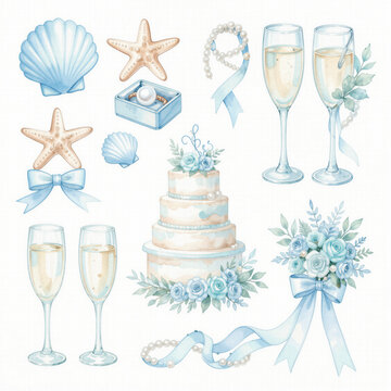Elegant nautical wedding watercolor illustration set featuring blue seashells starfish champagne glasses and a tiered cake for coastal celebration designs.
