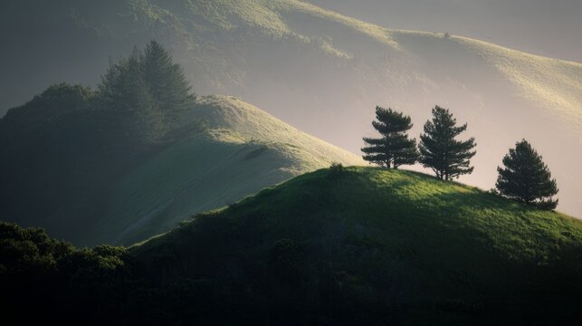 foothills. Pine-covered foothills bathed in morning light, showcasing serene natural beauty. travel magazines, destination branding, designed for travel destination branding, used by researchers.
