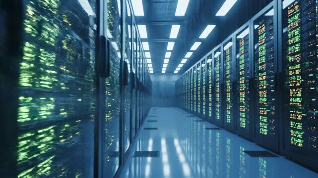 Data center server room with rows of computer racks and glowing screens.