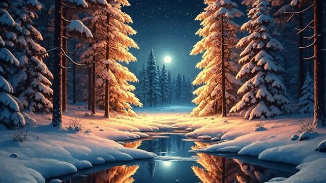 Snowy Forest Landscape with Frozen Pond.
