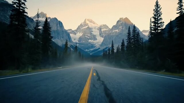 A scenic highway stretches towards majestic snow-capped mountains under a hazy sky, flanked by dark pine trees.