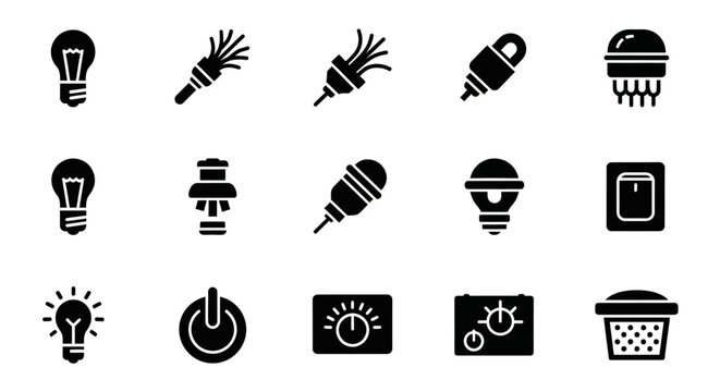 Black light bulb, lamp and electrical icons set, 15 vector symbols for energy, power and lighting concepts