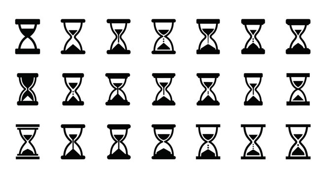 Hourglass icons, black and white timer symbols, vector clock illustrations, time management graphics, 20 sand timer elements
