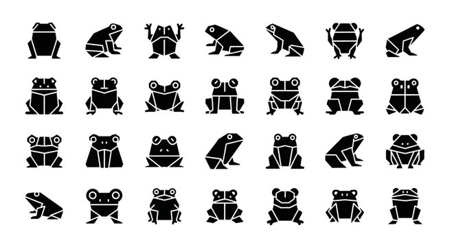 Black frog icons, amphibian silhouettes, 25 frog graphics, vector illustrations, animal symbols