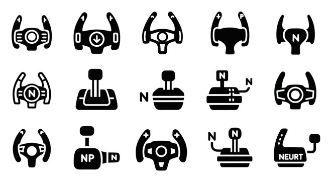Transmission Gearbox Icons, 16 Car Gear Shift Vector Symbols, Automotive Control Stick Illustrations, Black Manual Gearbox Buttons