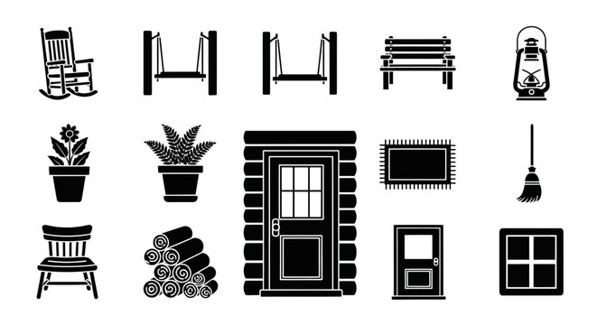 Black and white cabin icons, rustic furniture, and gardening tools, 13 piece vector set