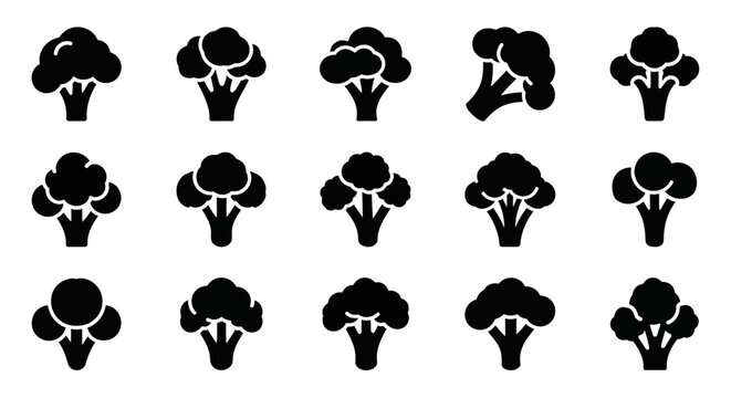 Black cauliflower icons, vegetable silhouettes, food symbols, healthy eating graphics, 15 icon set