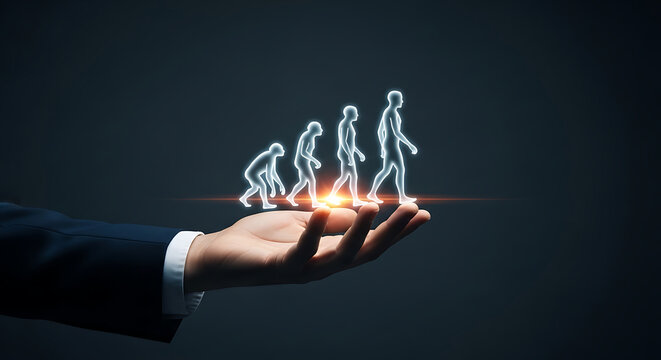 Human Evolution Concept Stages Illustrated in Hand Holding Development Icons