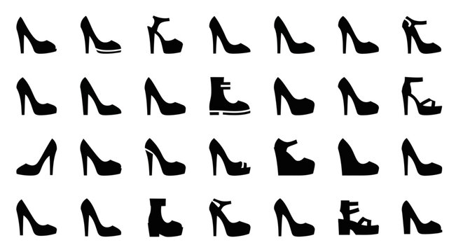 Collection of black and white shark icons in various dynamic poses, alongside a calendar and a diverse range of general graphic symbols, suitable for modern digital design assets