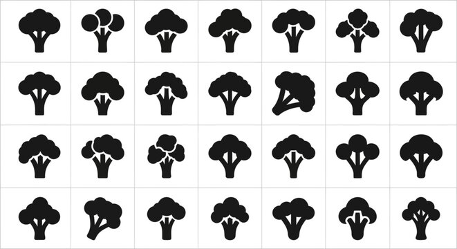 A versatile collection of black silhouette broccoli vector icons, showcasing diverse styles suitable for healthy food apps, nutrition guides, grocery store branding