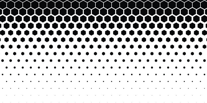 Fading hexagon gradient texture. Vanishing honeycomb pattern background. Geometric hexagonal halftone tech overlay backdrop. Black grunge halfton wallpaper. Vector retro dot texure wallpaper
