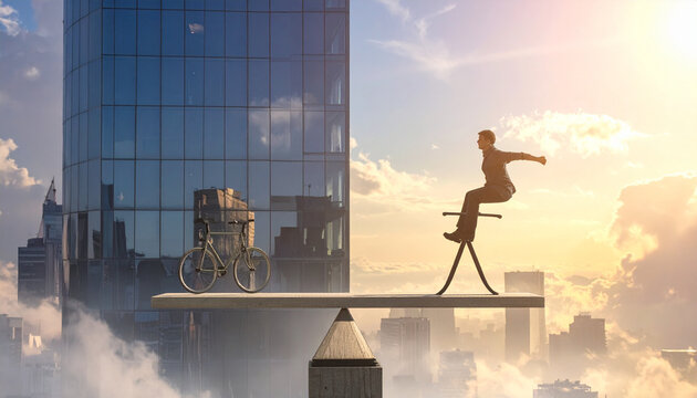 Conceptual image of work life balance with cityscape and person on a seesaw