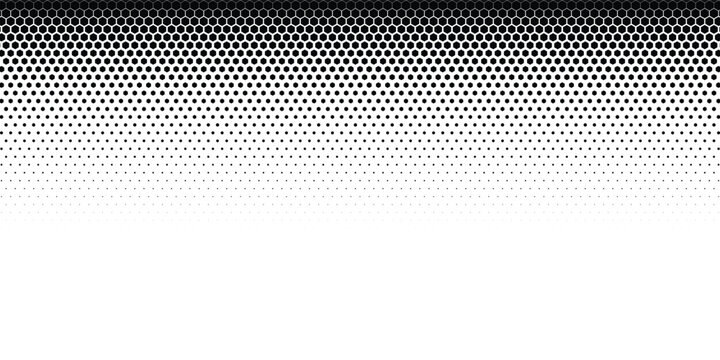 Fading hexagon gradient texture. Vanishing honeycomb pattern background. Geometric hexagonal halftone tech overlay backdrop. Black grunge halfton wallpaper. Vector retro dot texure wallpaper