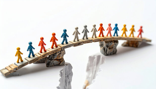 Miniature figures crossing bridge representing connection and teamwork concept