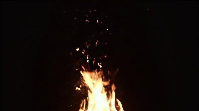 A dark image showing a bright flame with glowing embers rising