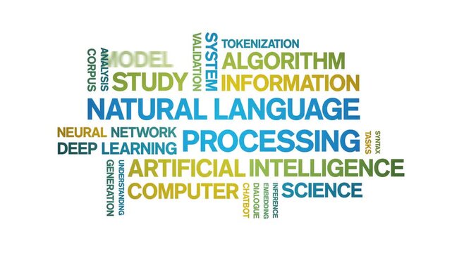 Natural Language Processing animated word cloud-text design animation tag kinetic typography seamless loop.