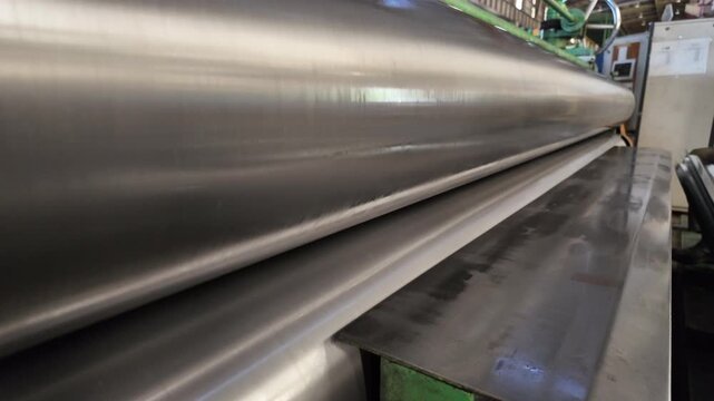 Corrugated zinc sheets are manufactured using large machinery. Slow motion