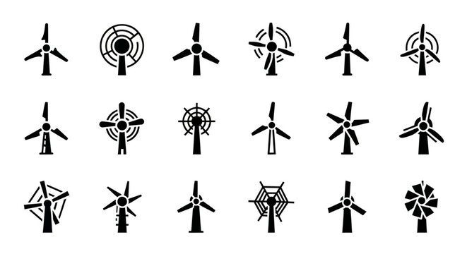 Diverse collection of wind turbine icons representing sustainable clean energy generation and eco-friendly renewable power technology, essential for environmental projects