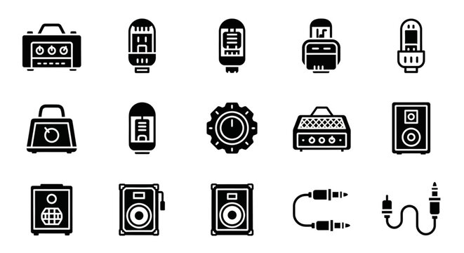 Vector silhouette icons of audio equipment amplifiers, vacuum tubes, speakers, and cables. Essential for music, sound engineering, and technology-themed design projects
