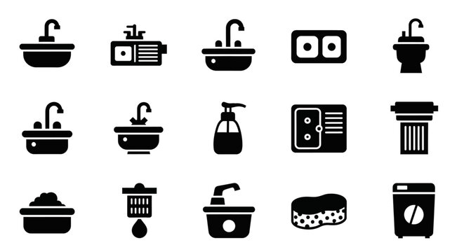 Essential Bathroom and Plumbing Fixtures Icon Set A Comprehensive Collection of Sink, Faucet, and Utility Appliance Vector Graphics for Home and Cleaning Designs
