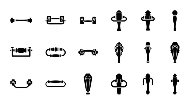 Decorative collection of classic and antique furniture hardware designs, featuring elegant drawer pulls, cabinet handles, and ornate elements as versatile graphic silhouettes for projects