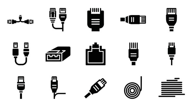 A comprehensive collection of monochrome silhouette icons depicting various network cables, adapters, and essential data connectors for modern digital communication and computing