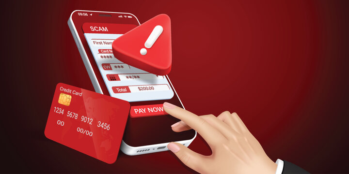 Human hand clicking pay now button on smartphone with fake banking interface and credit card, concept of online financial fraud, phishing scam, cyber crime attack and digital payment risk.