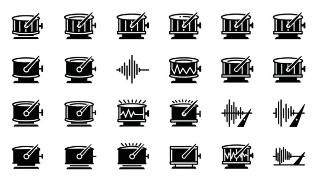 A diverse collection of graphic icons depicting musical drums, percussive instruments, and sound wave elements, perfect for conveying rhythm and beat in digital design projects